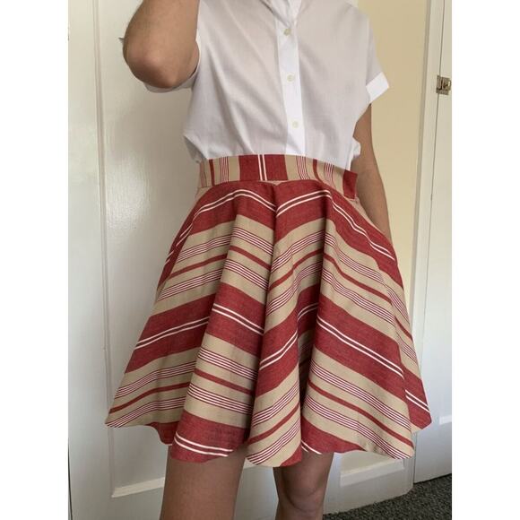 NWT Zara Woman Circle Skirt Knee Length Womens Sz Medium Pockets Stripes Red Tan - Picture 1 of 12